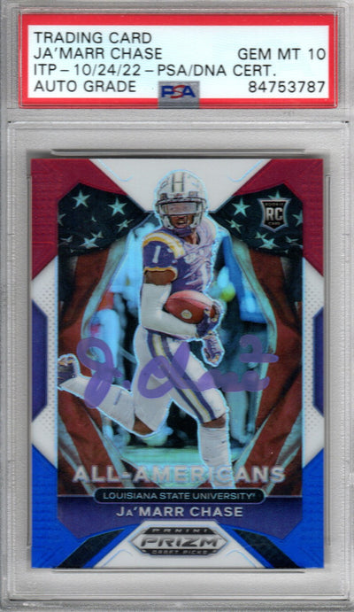 Ja'Marr Chase Autographed LSU Encapsulated 2021 Panini Prizm Draft Picks No. 185 Rookie Trading Card GEM MT. 10 PSA ITP 84753787