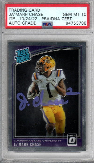 Ja'Marr Chase Autographed LSU Encapsulated 2021 Panini Donruss Optic Draft Picks No. 205 Rookie Trading Card GEM MT 10 PSA ITP 84753788