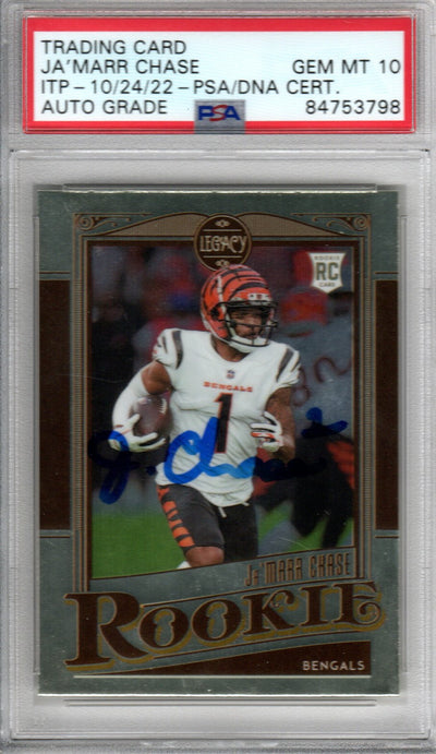 Ja'Marr Chase Cincinnati Bengals Autographed Encapsulated 2021 Panini Chronicles Legacy No. 220 Rookie Trading Card GEM MT. 10 PSA ITP 84753798