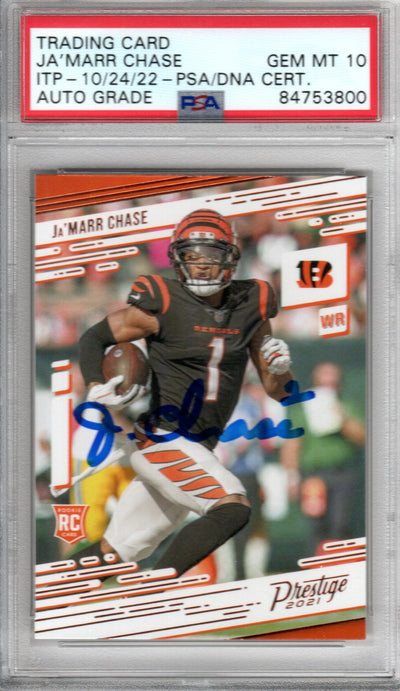 Ja'Marr Chase Cincinnati Bengals Autographed Encapsulated 2021 Panini Chronicles Prestige No. 212 Rookie Trading Card GEM MT. 10 PSA ITP 84753800