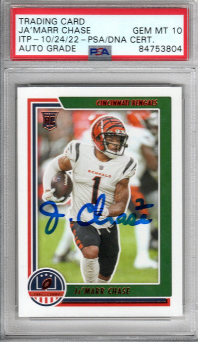 Ja'Marr Chase Cincinnati Bengals Autographed Encapsulated 2021 Panini Chronicles Stars & Stripes STS-JCH Rookie Trading Card GEM MT. 10 PSA ITP 84753804
