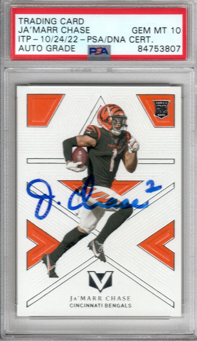 Ja'Marr Chase Cincinnati Bengals Autographed Encapsulated 2021 Panini Chronicles Vertex Rookie Trading Card GEM MT. 10 PSA ITP 84753807