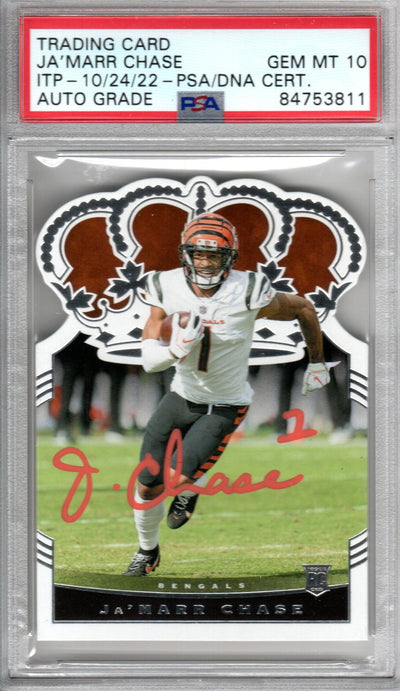 Ja'Marr Chase Cincinnati Bengals Autographed Encapsulated 2021 Panini Chronicles Crown Royale CR-24 Rookie Trading Card GEM MT. 10 PSA ITP 84753811