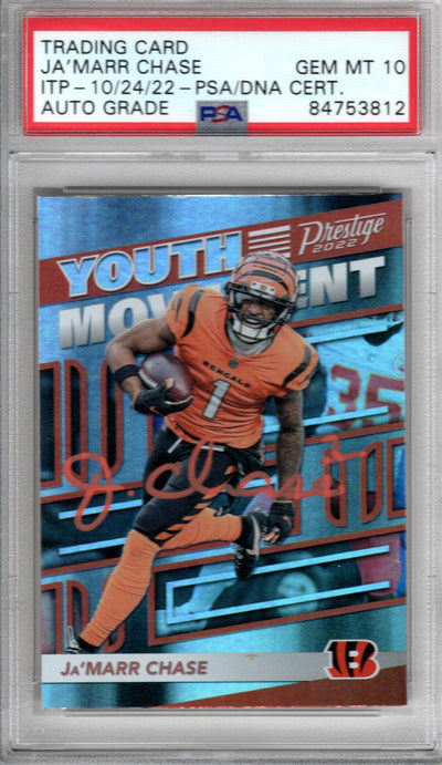Ja'Marr Chase Cincinnati Bengals Autographed Encapsulated 2021 Panini Prestige No. YM-2 Rookie Trading Card GEM MT. 10 PSA ITP 84753812