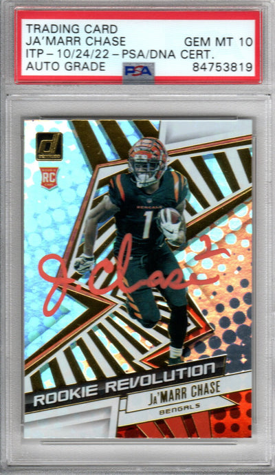 Ja'Marr Chase Cincinnati Bengals Autographed Encapsulated 2021 Panini Donruss No. REV-JMC Rookie Trading Card GEM MT. 10 PSA ITP 84753819