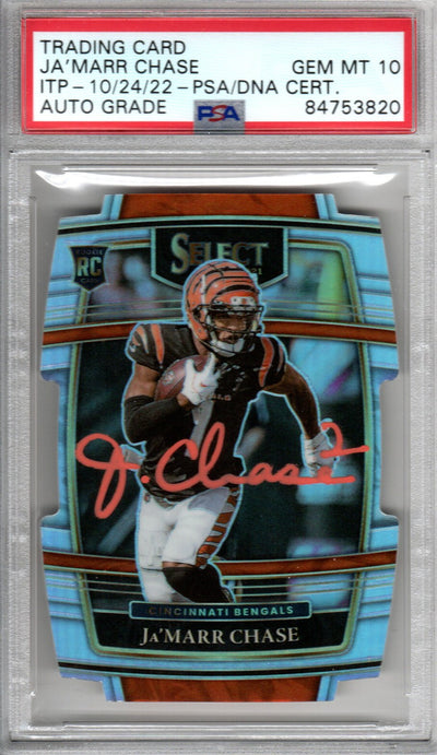 Ja'Marr Chase Cincinnati Bengals Autographed Encapsulated 2021 Panini Select No. 47 Rookie Trading Card GEM MT. 10 PSA ITP 84753820