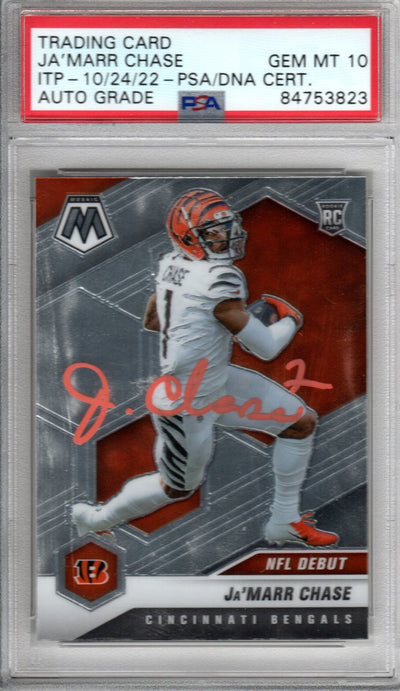 Ja'Marr Chase Cincinnati Bengals Autographed Encapsulated 2021 Panini Mosaic No. 247 Rookie Trading Card GEM MT. 10 PSA ITP 84753823