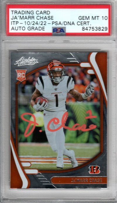 Ja'Marr Chase Cincinnati Bengals Autographed Encapsulated 2021 Panini Absolute No. 105 Rookie Trading Card GEM MT. 10 PSA ITP 84753829
