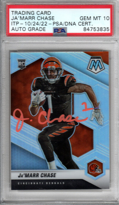 Ja'Marr Chase Cincinnati Bengals Autographed Encapsulated 2021 Panini Mosaic No. 307-V Rookie Trading Card GEM MT. 10 PSA ITP 84753835