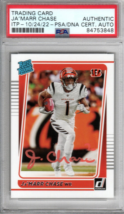 Ja'Marr Chase Autographed Cincinnati Bengals Encapsulated 2021 Panini Donruss No. 262 Rookie Trading Card PSA ITP 84753848