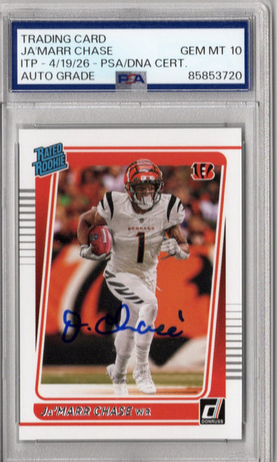 Ja’Marr Chase Autographed Cincinnati Bengals 2021 Donruss Rated Rookie PSA 10 Auto