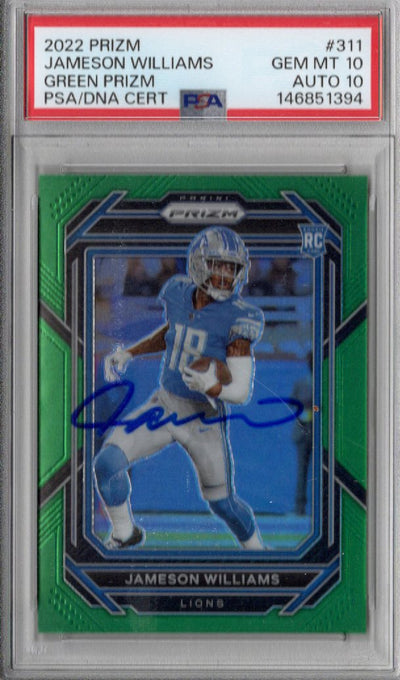 Jameson Williams Autographed Detroit Lions 2022 Panini Prizm #311 GREEN Rookie Card PSA GEM MT 10 AUTO 10