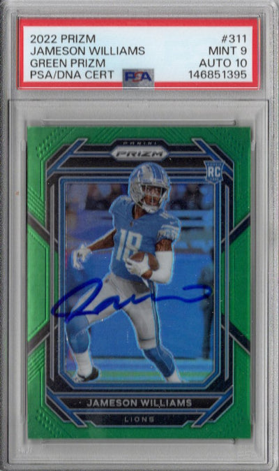 Jameson Williams Autographed Detroit Lions 2022 Panini GREEN Prizm #311 Rookie Card PSA MINT 9 AUTO 10