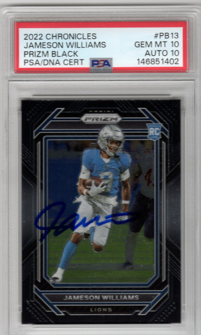 Jameson Williams Autographed Detroit Lions 2022 Panini Prizm Black Rookie Card PSA GEM MT 10 AUTO 10