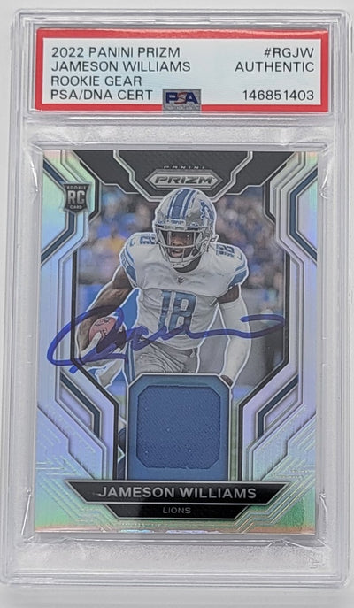 Jameson Williams Autographed Detroit Lions 2022 Panini Prizm Rookie Gear Rookie Card PSA AUTHENTIC
