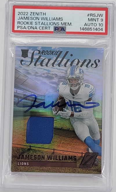 Jameson Williams Autographed Detroit Lions 2022 Panini Zenith Rookie Stallions Rookie Card PSA MINT 9 AUTO 10