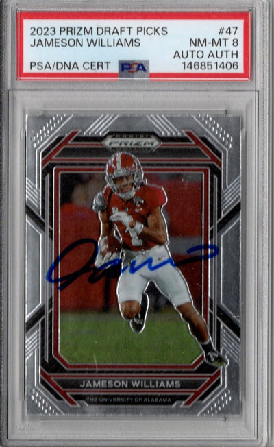 Jameson Williams Autographed Alabama 2023 Panini Prizm Draft Picks #47 Rookie Card PSA NM MT 8 AUTO AUTH