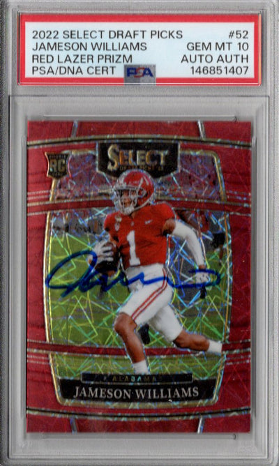 Jameson Williams Autographed Alabama 2022 Panini RED LAZER Prizm #52 Rookie Card PSA GEM MT 10 AUTO AUTH