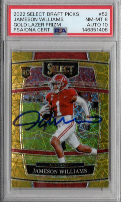 Jameson Williams Autographed Detroit Lions 2022 Panini GOLD LAZER Prizm #52 Rookie Card PSA NM MT 8 AUTO 10