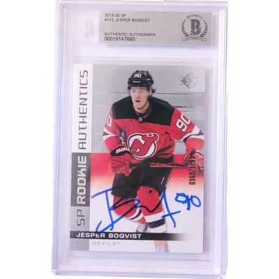 Jesper Boqvist Autographed New Jersey Devils 2019-20 Upper Deck SP Trading Card #112 Beckett Encapsulated