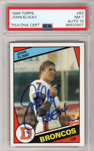 John Elway Autographed Denver Broncos 1984 Topps Rookie Card HOF 04 PSA NM 7 AUTO 10