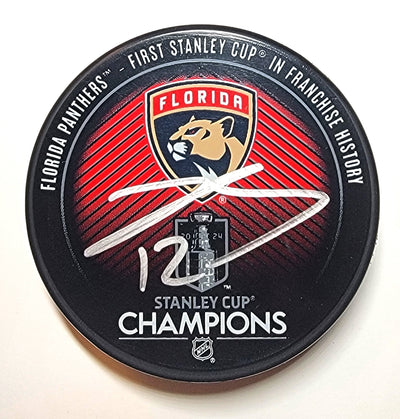 Jonah Gadjovich Autographed Florida Panthers 2024 Stanley Cup Champions Hockey Puck Beckett
