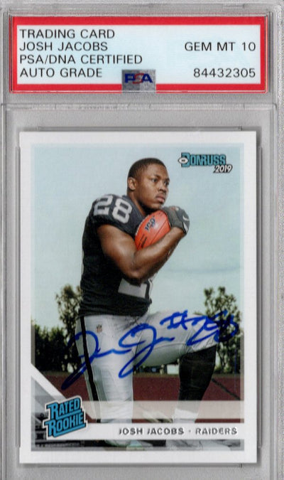 Josh Jacobs Autographed Oakland Las Vegas Raiders 2019 Panini Donruss Rated Rookie Card No. 308 PSA AUTO GRADE GEM MT 10