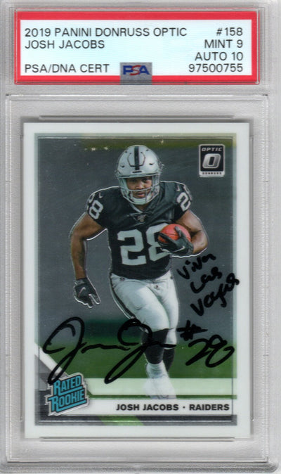 Josh Jacobs Autographed Las Vegas Raiders 2019 Panini Donruss Optic Trading Card #158 W/ Viva Las Vegas PSA Graded Encapsulated