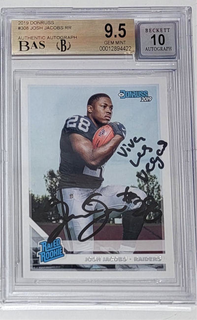 Josh Jacobs Autographed Oakland Raiders Encapsulated 2019 Donruss Rated Rookie Trading Card W/ Viva Las Vegas MINT 9.5 AUTO 10 Beckett Authenticated