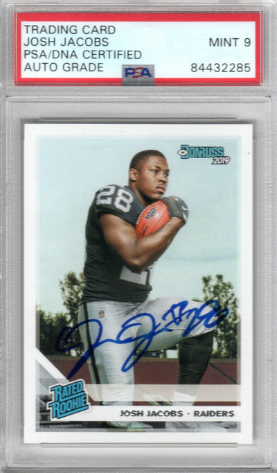 Josh Jacobs autographed 2019 Donruss #308 Raiders rookie card PSA Auto Mint 9
