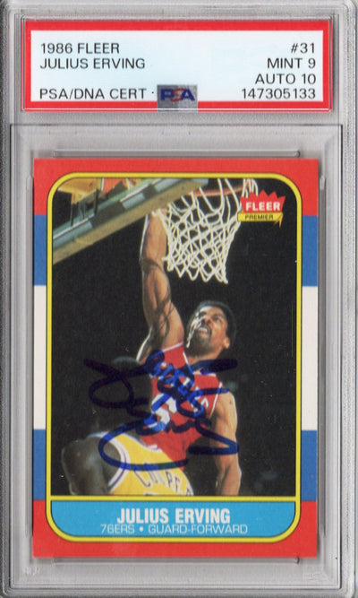 Julius Dr. J Erving Autographed Philadelphia 76ers 1986 Fleer Card #31 PSA MINT 9 AUTO 10