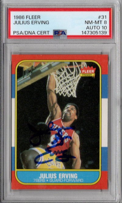 Julius Dr. J Erving Autographed Philadelphia 76ers 1986 Fleer Card #31 PSA NM MT 8 AUTO 10
