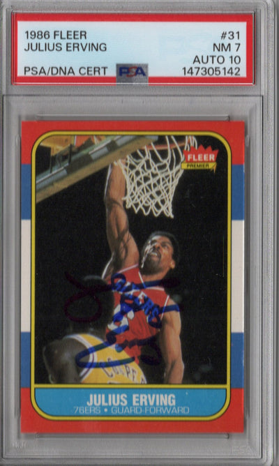 Julius Dr. J Erving Autographed Philadelphia 76ers 1986 Fleer Card #31 PSA NM 7 AUTO 10