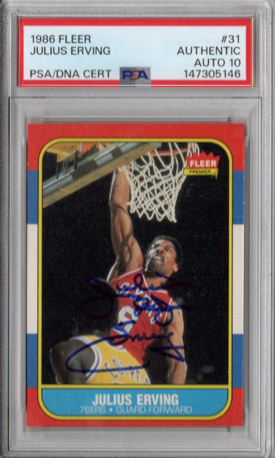 Julius Dr. J Erving Autographed Philadelphia 76ers 1986 Fleer Card #31 PSA AUTHENTIC AUTO 10