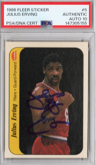 Julius Dr. J Erving Autographed Philadelphia 76ers 1986 Fleer Sticker PSA AUTHENTIC AUTO 10