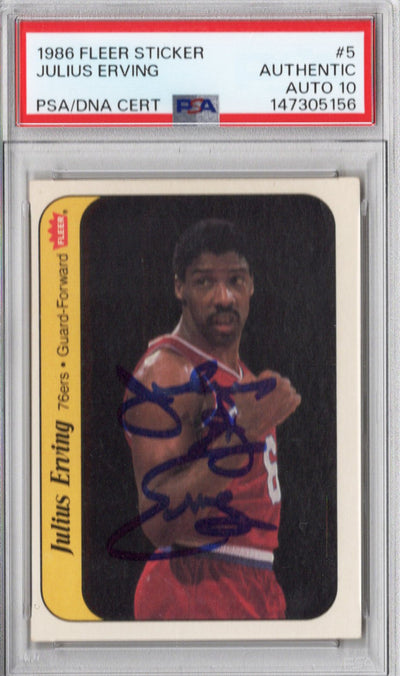Julius Dr. J Erving Autographed Philadelphia 76ers 1986 Fleer Sticker PSA AUTHENTIC AUTO 10