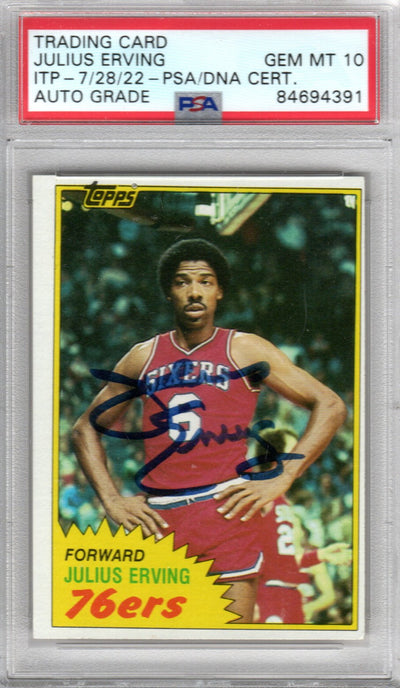 Julius Dr. J Erving Autographed Philadelphia 76ers Encapsulated 1981 Topps Trading Card AUTO GRADE GEM MINT 10 PSA 84694391