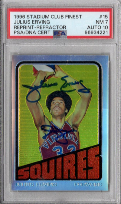Julius Erving Signed Virginia Squires ABA 1996 Stadium Club Reprint Refractor Rookie Card | PSA NM 7 Auto 10