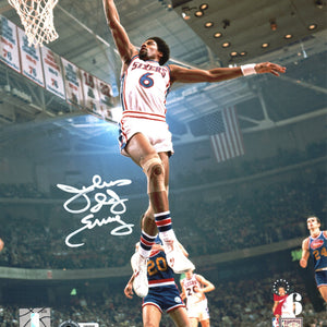Julius Erving Autographed Philadelphia 76ers White Jersey Dunk 8x10 Photo Beckett Witnessed