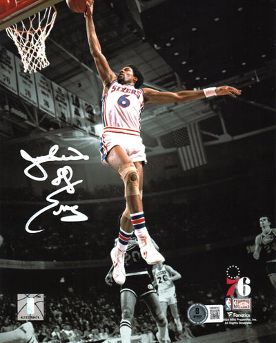 Julius Erving Autographed Philadelphia 76ers White Jersey Spotlight Dunk 8x10 Photo Beckett Witnessed