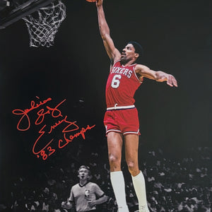 Julius Erving Autographed Philadelphia 76ers Spotlight Dunk 16x20 Photo W/ '83 Champs Beckett Witnessed