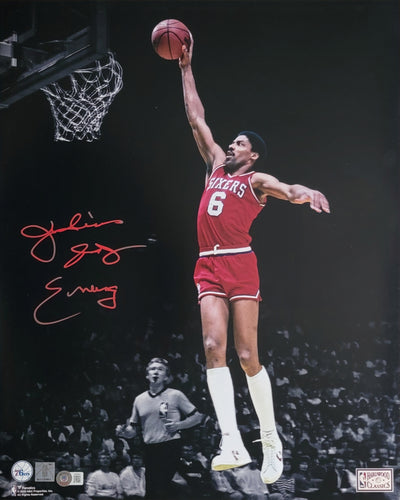 Julius Erving Autographed Philadelphia 76ers Spotlight Dunk 16x20 Photo Beckett Witnessed