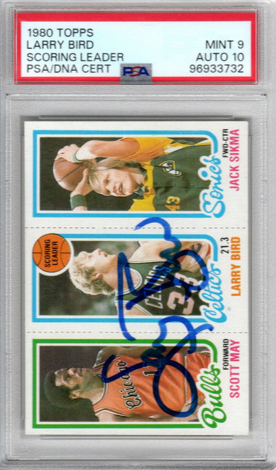 Larry Bird Autographed Boston Celtics 1980 Topps Scoring Leader Rookie Card PSA MINT 9 AUTO 10