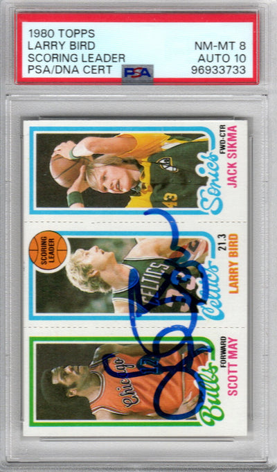 Larry Bird Autographed Boston Celtics 1980 Topps Scoring Leader Rookie Card PSA NM-MT 8 AUTO 10