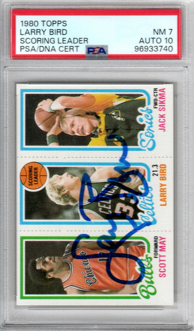 Larry Bird Autographed Boston Celtics 1980 Topps Scoring Leader Rookie Card PSA NM 7 AUTO 10