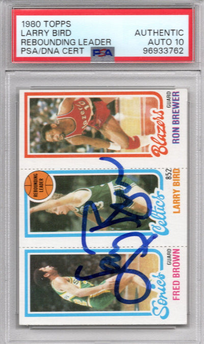 Larry Bird Autographed Boston Celtics 1980 Topps Rebounding Leader Rookie Card PSA AUTHENTIC AUTO 10