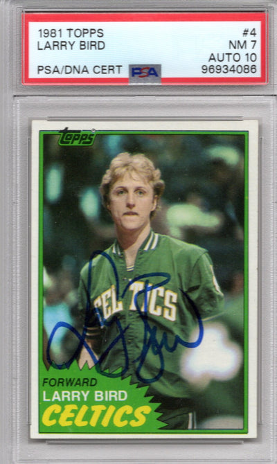 Larry Bird Autographed Boston Celtics 1981 Topps #4 Card PSA Graded NM 7 AUTO 10