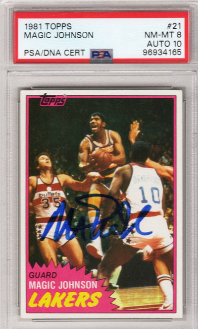 Magic Johnson Signed 1981 Topps #21 Lakers Rookie Card PSA NM-MT 8 AUTO 10