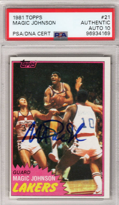 Magic Johnson Autographed Los Angeles Lakers 1981 Topps Rookie Card PSA AUTHENTIC AUTO 10