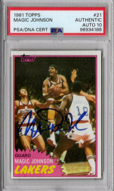 Magic Johnson Autographed Los Angeles Lakers 1981 Topps Rookie Card PSA AUTHENTIC AUTO 10